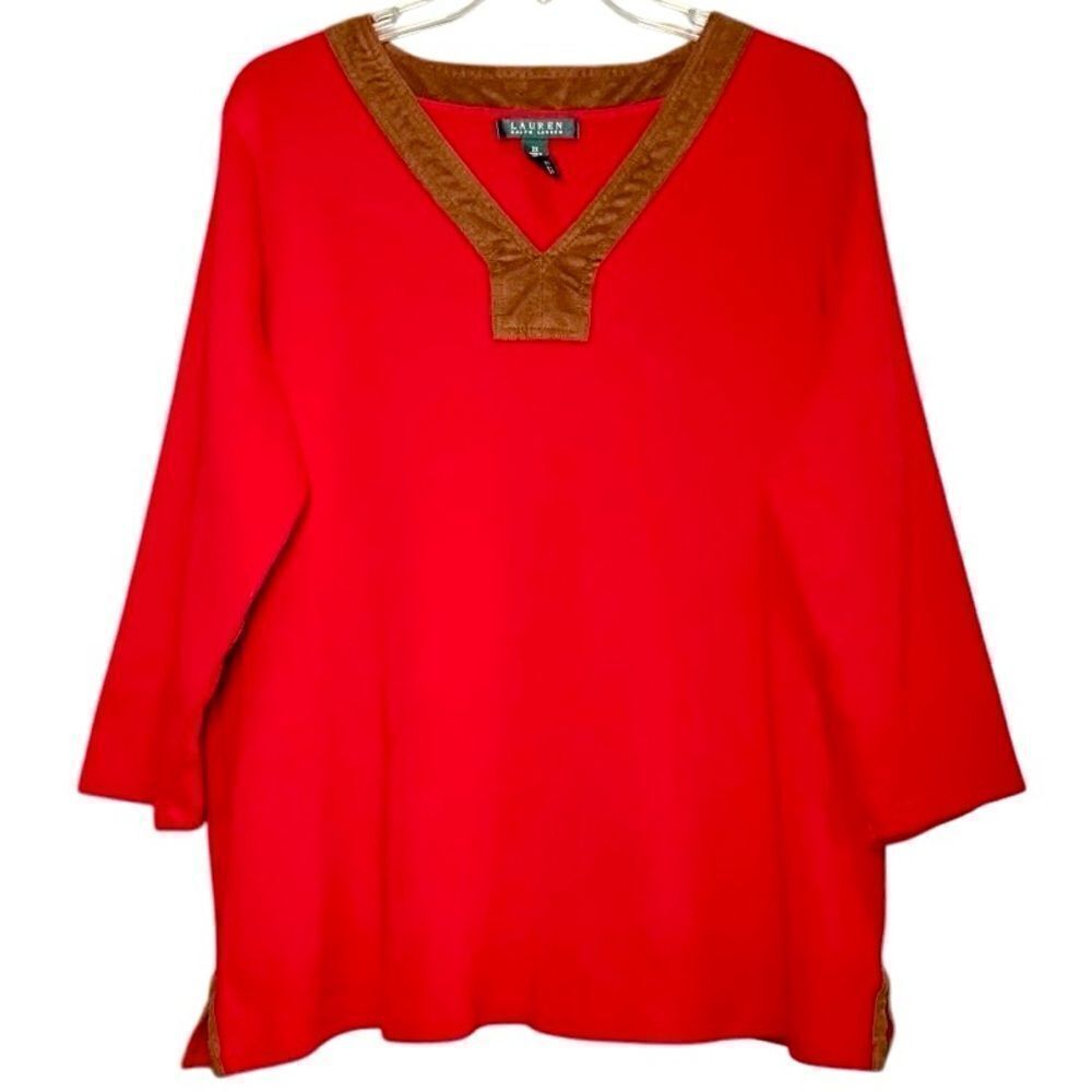 Lauren Ralph Lauren 3/4 Sleeve Cotton Tunic in Red/Brown Women’s 2X